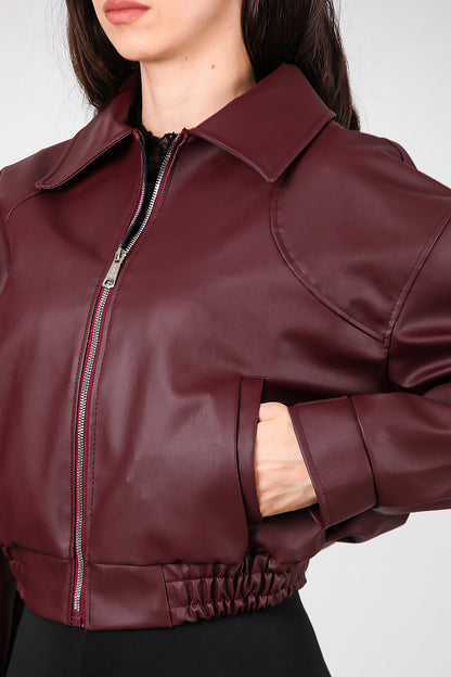 Kadın Bel Lastikli Deri Ceket Bordo