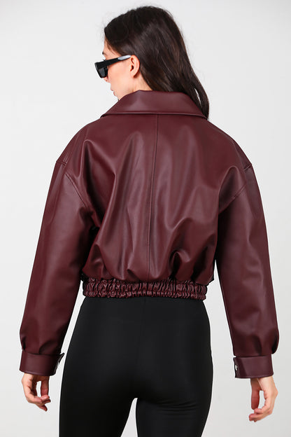 Kadın Bel Lastikli Deri Ceket Bordo