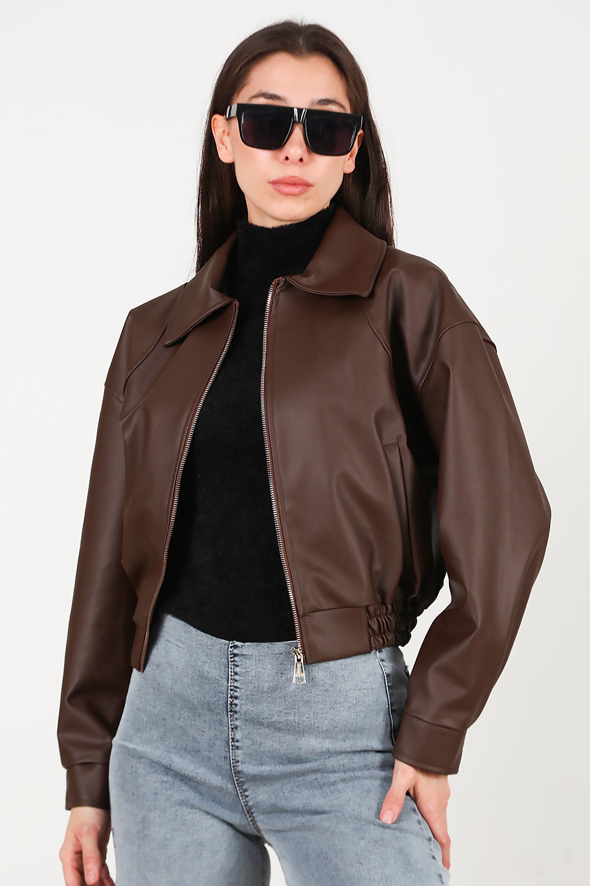 Kadın Bel Lastikli Deri Ceket Kahverengi