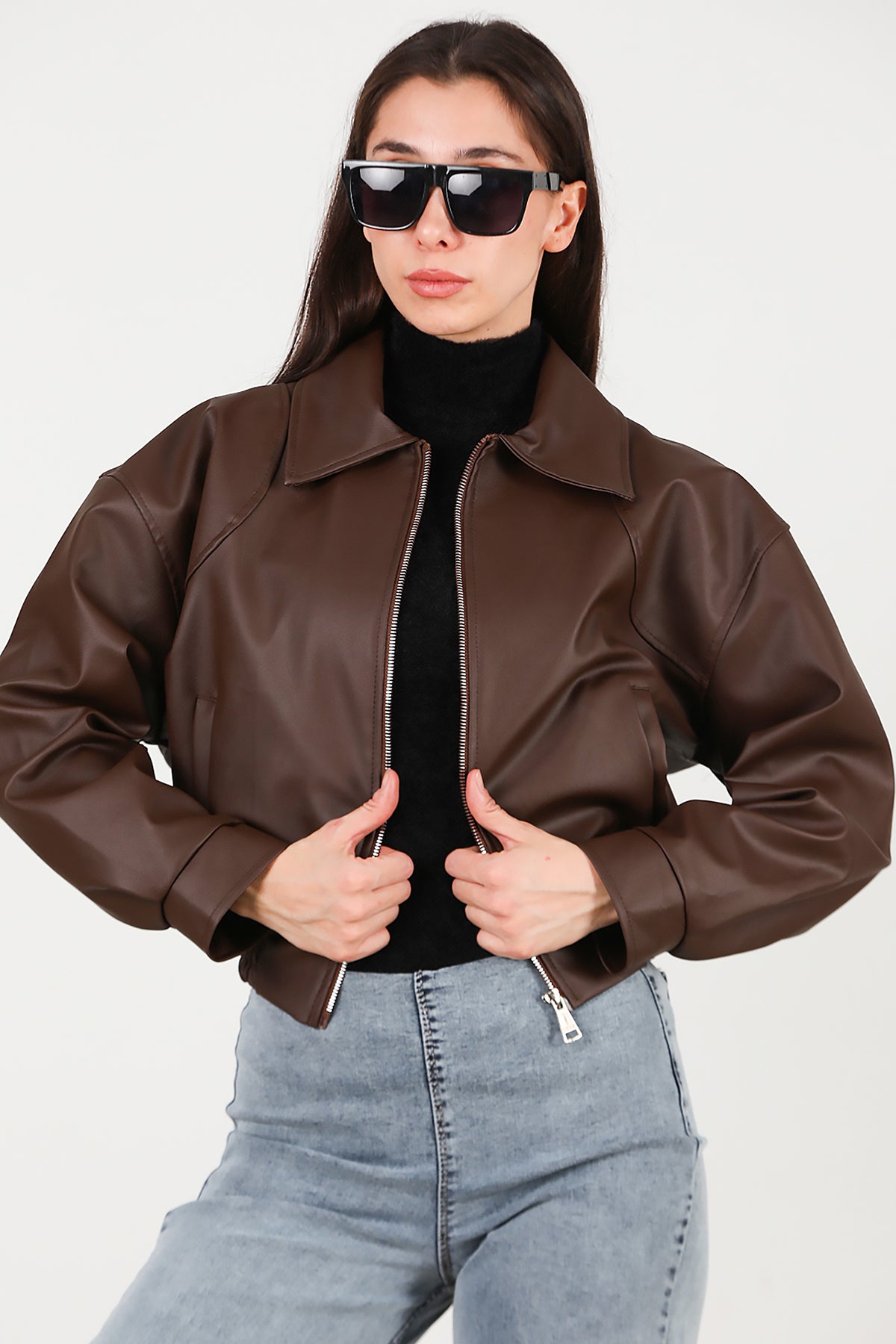 Kadın Bel Lastikli Deri Ceket Kahverengi