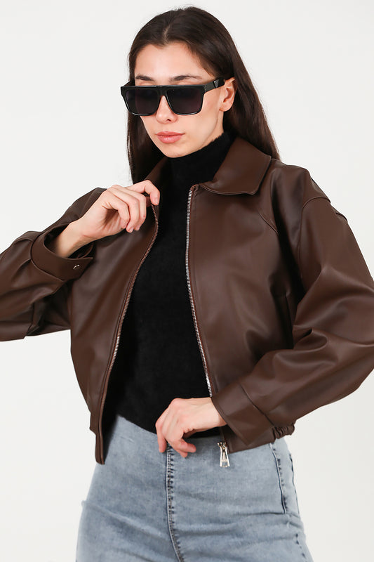 Kadın Bel Lastikli Deri Ceket Kahverengi