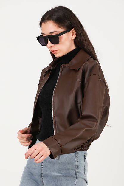 Kadın Bel Lastikli Deri Ceket Kahverengi