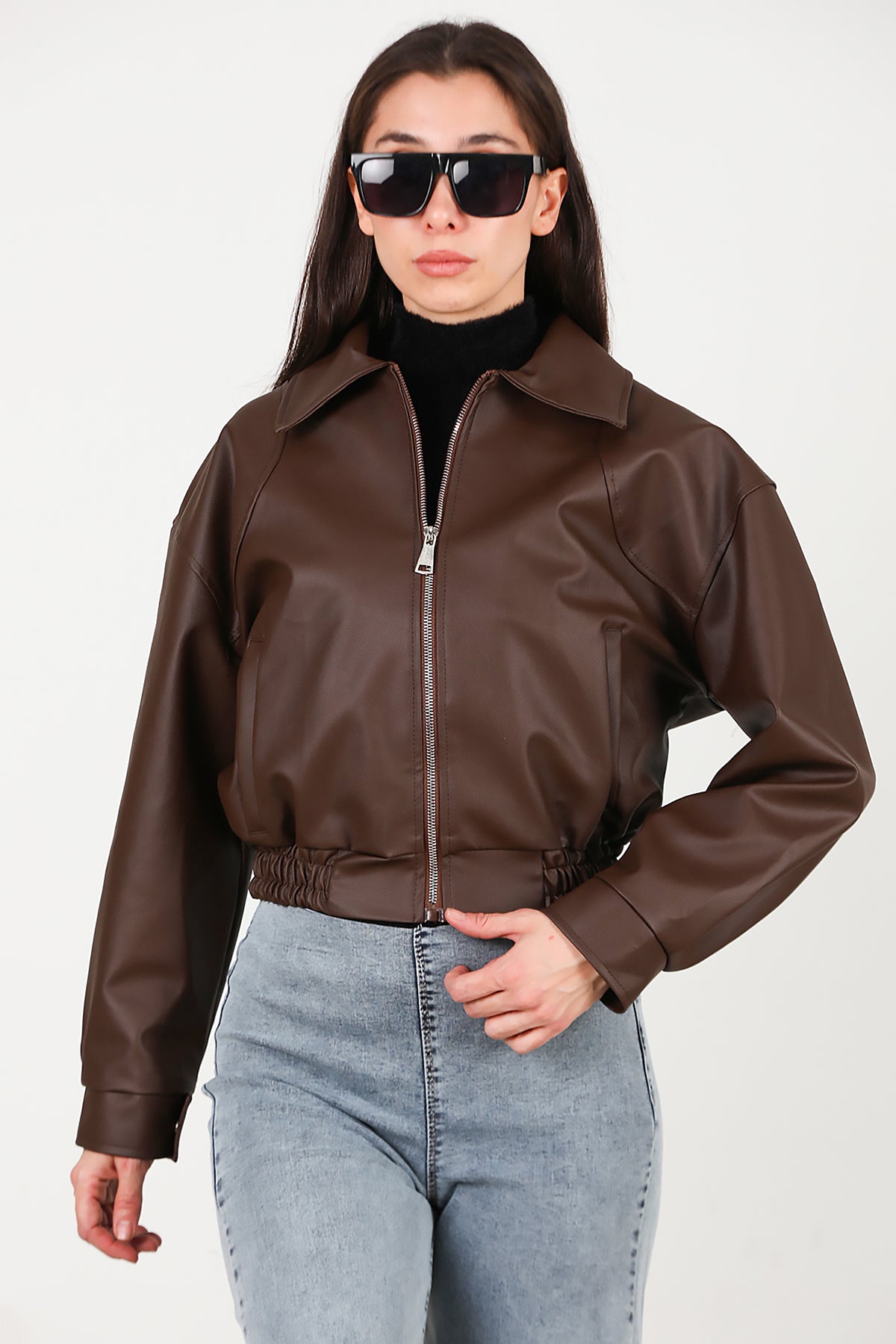 Kadın Bel Lastikli Deri Ceket Kahverengi