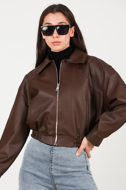 Kadın Bel Lastikli Deri Ceket Kahverengi