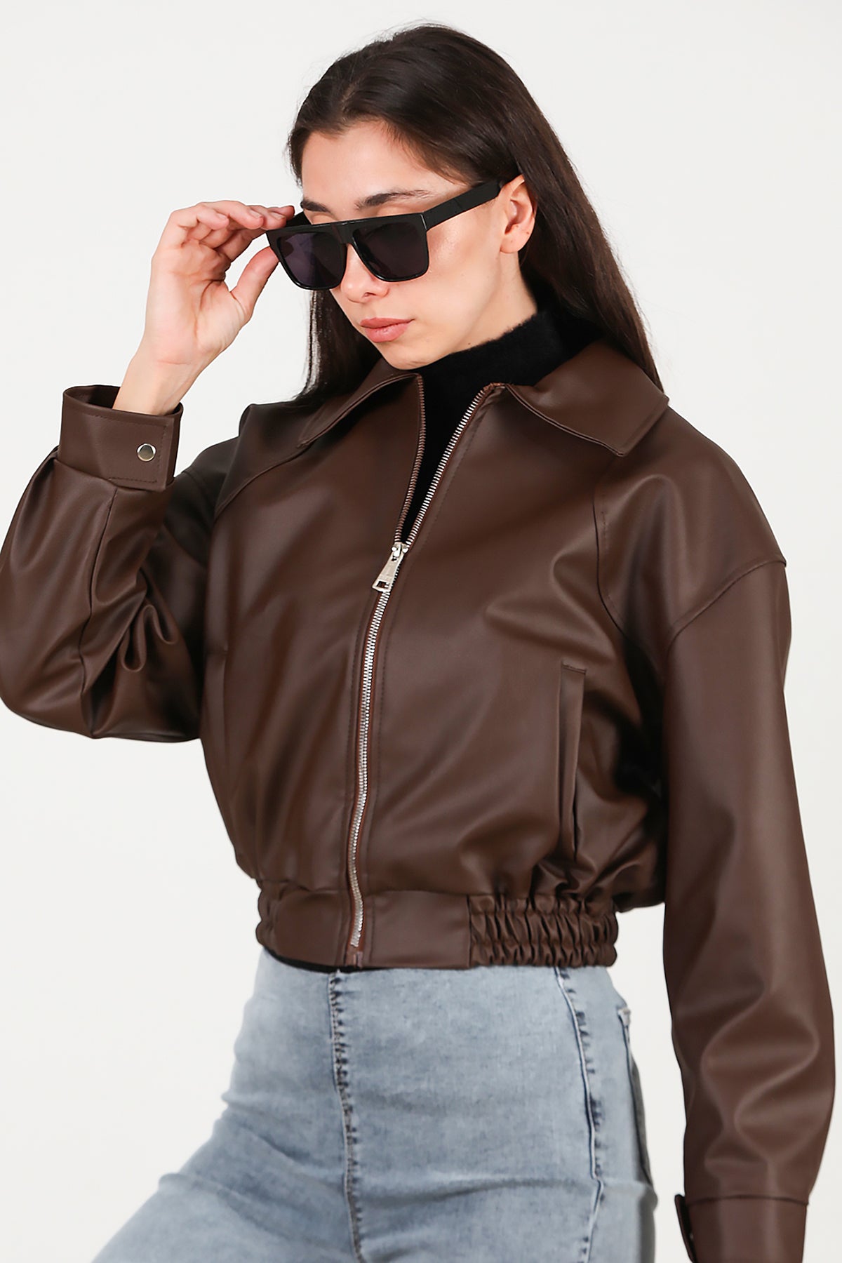 Kadın Bel Lastikli Deri Ceket Kahverengi