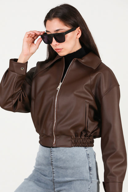 Kadın Bel Lastikli Deri Ceket Kahverengi