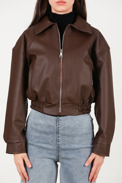 Kadın Bel Lastikli Deri Ceket Kahverengi