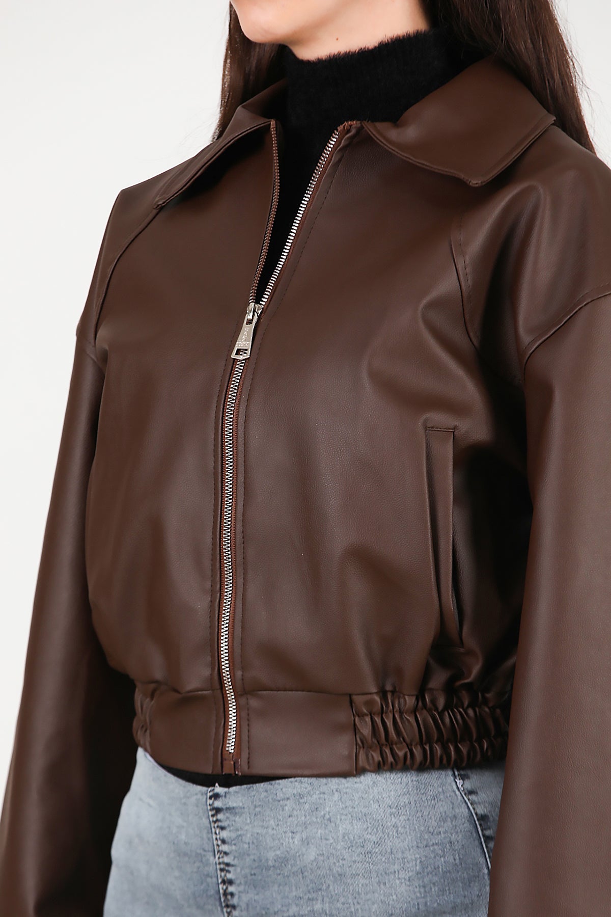 Kadın Bel Lastikli Deri Ceket Kahverengi