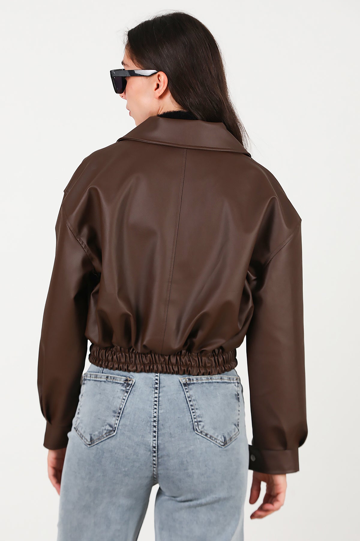 Kadın Bel Lastikli Deri Ceket Kahverengi