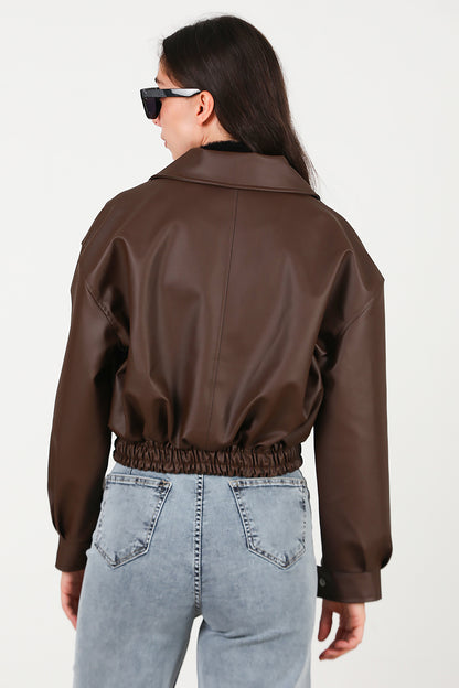Kadın Bel Lastikli Deri Ceket Kahverengi