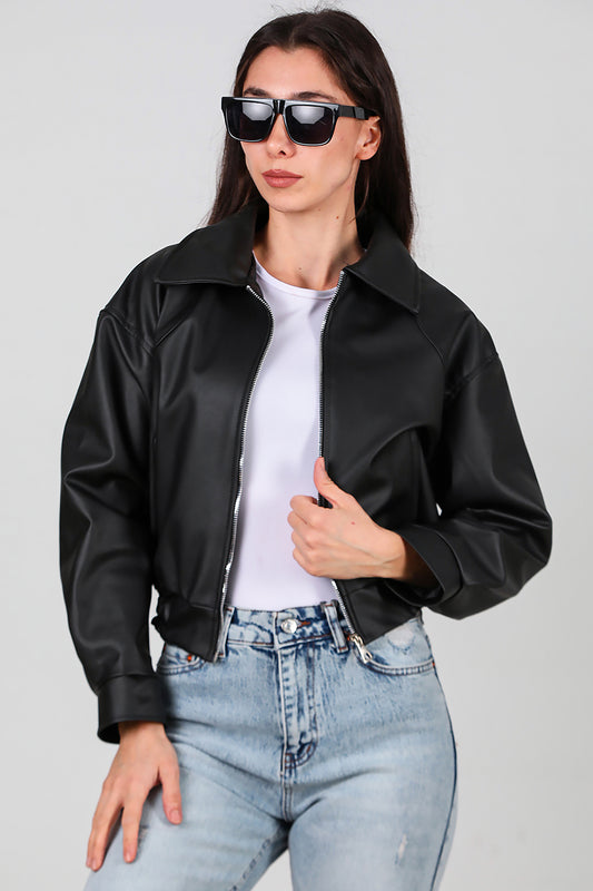 Kadın Bel Lastikli Deri Ceket Siyah