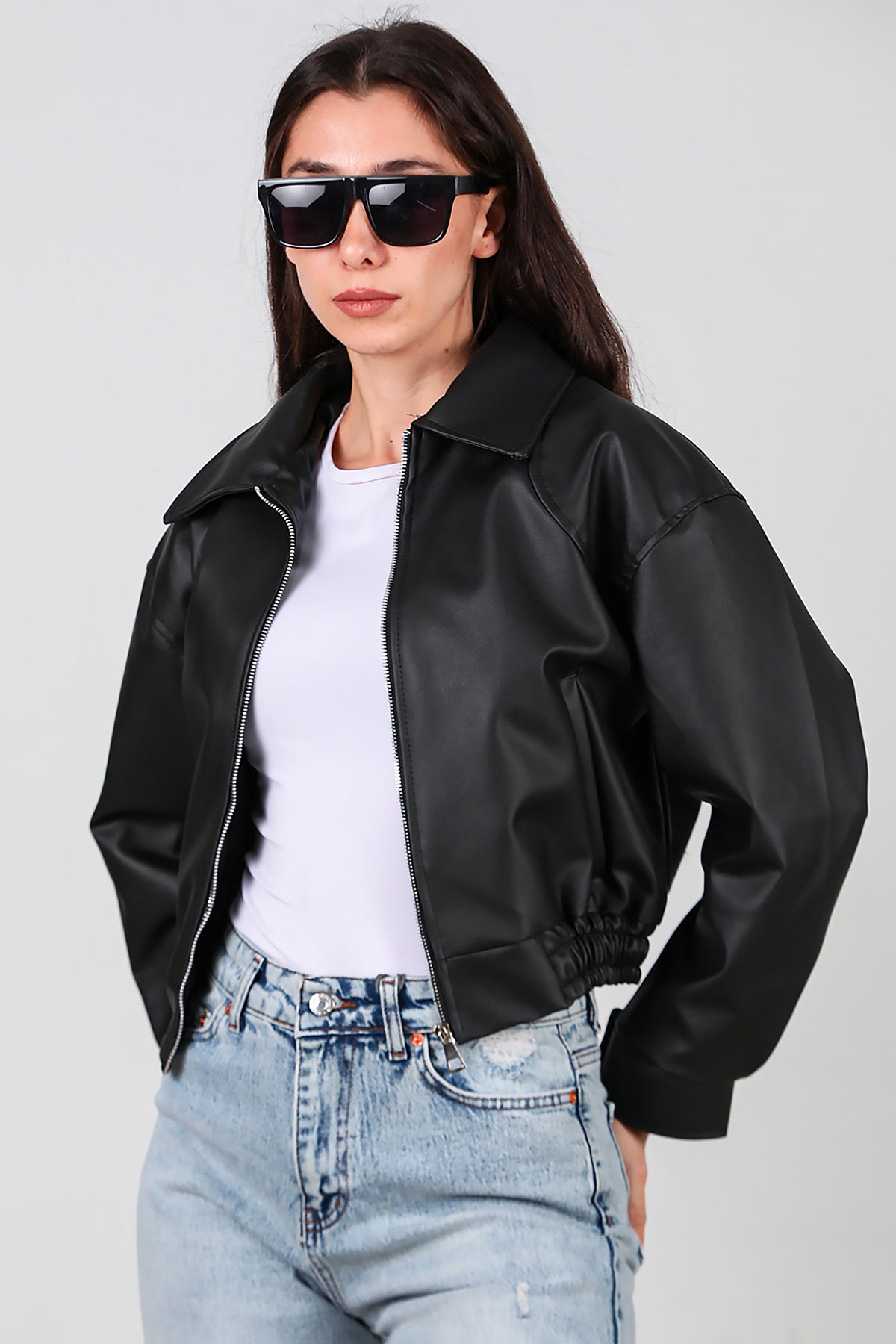 Kadın Bel Lastikli Deri Ceket Siyah