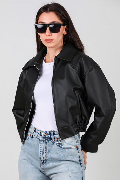 Kadın Bel Lastikli Deri Ceket Siyah