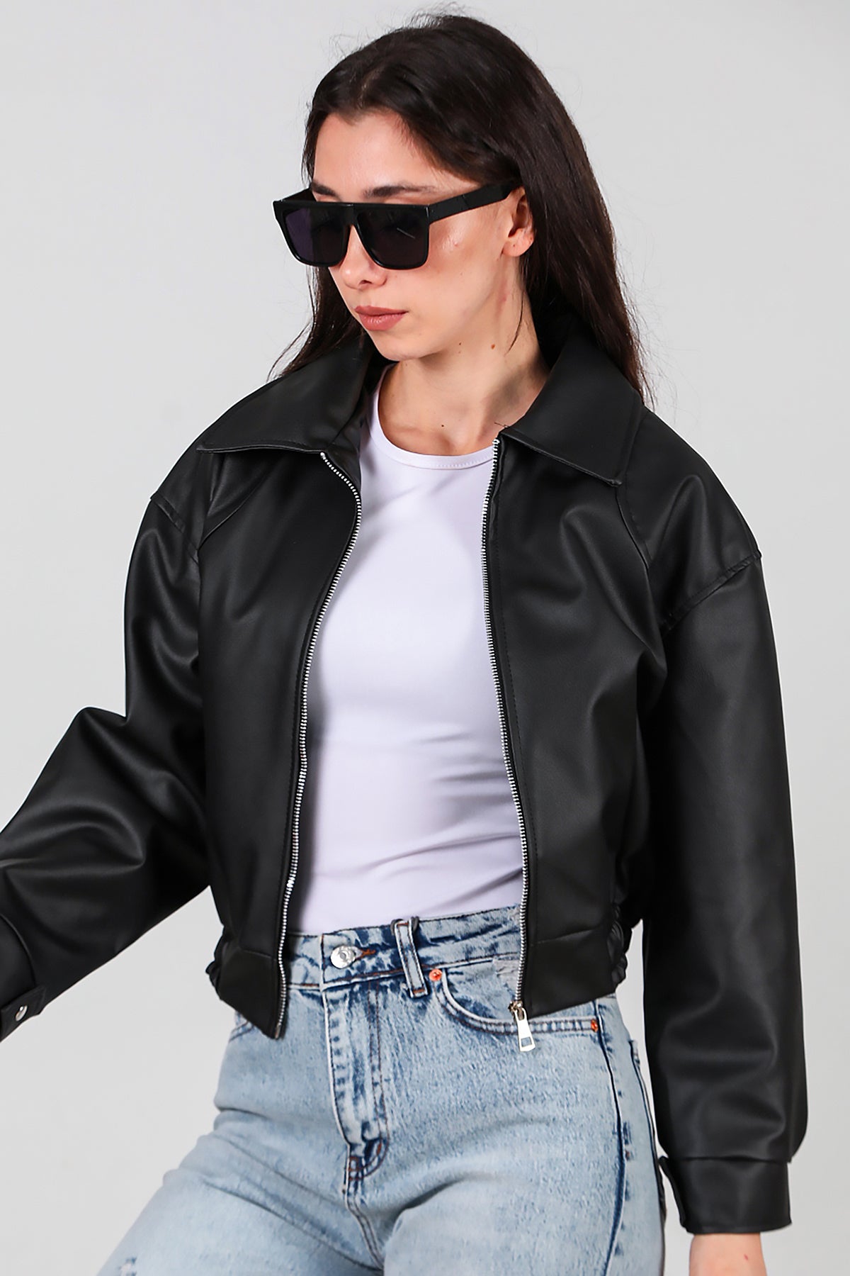 Kadın Bel Lastikli Deri Ceket Siyah