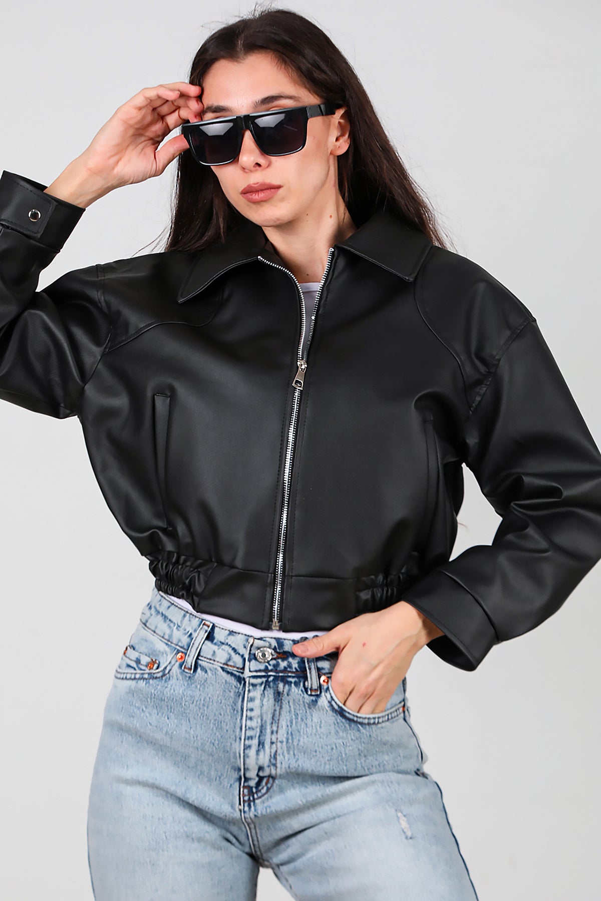 Kadın Bel Lastikli Deri Ceket Siyah