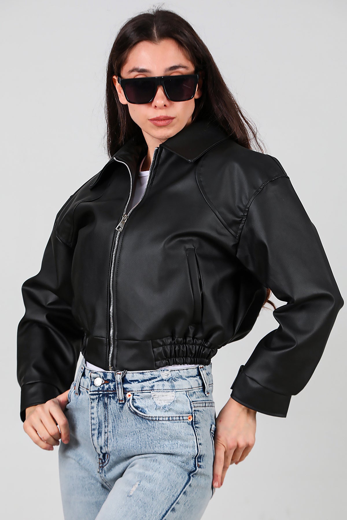Kadın Bel Lastikli Deri Ceket Siyah