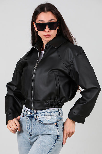 Kadın Bel Lastikli Deri Ceket Siyah