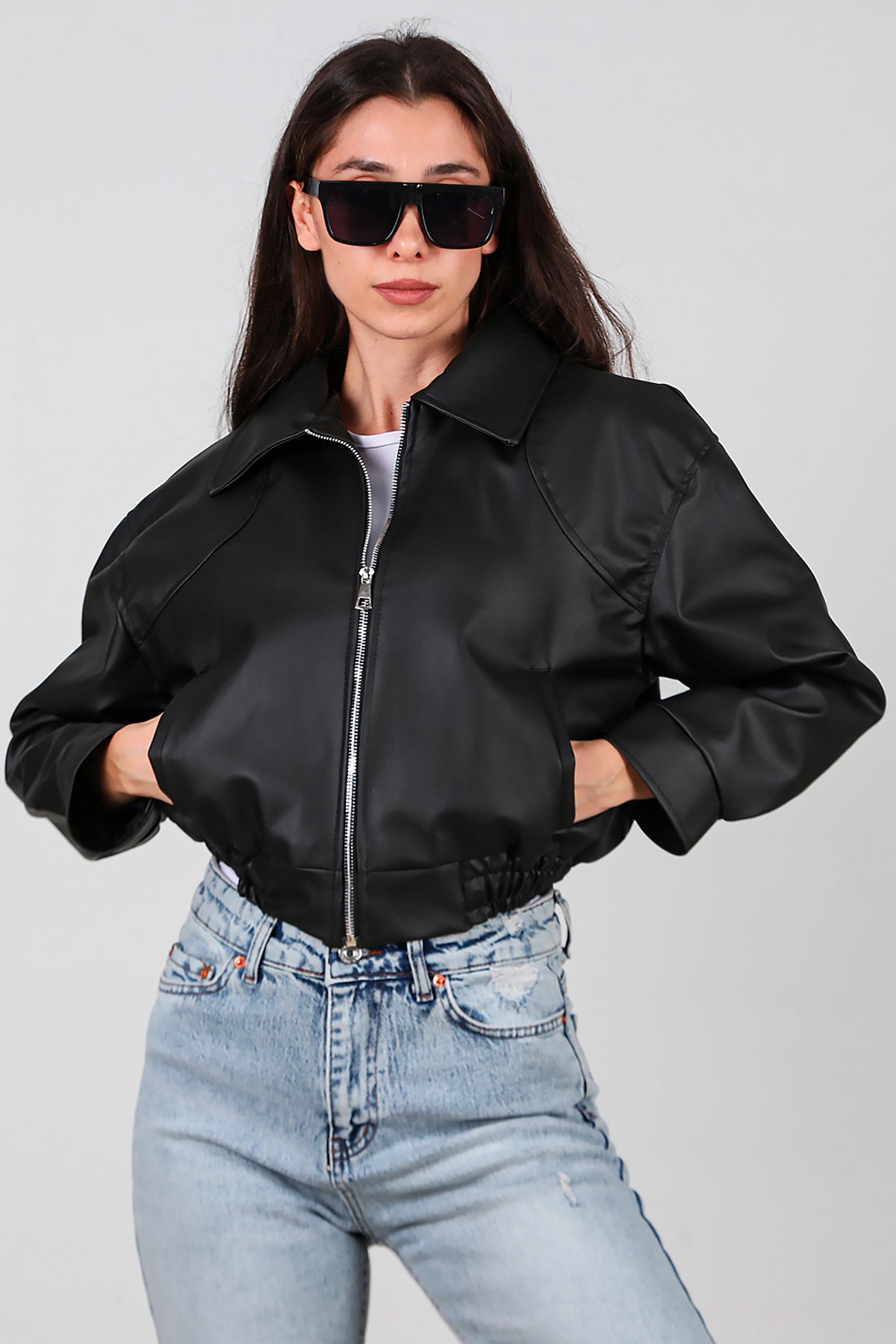 Kadın Bel Lastikli Deri Ceket Siyah