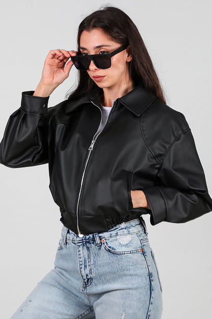Kadın Bel Lastikli Deri Ceket Siyah