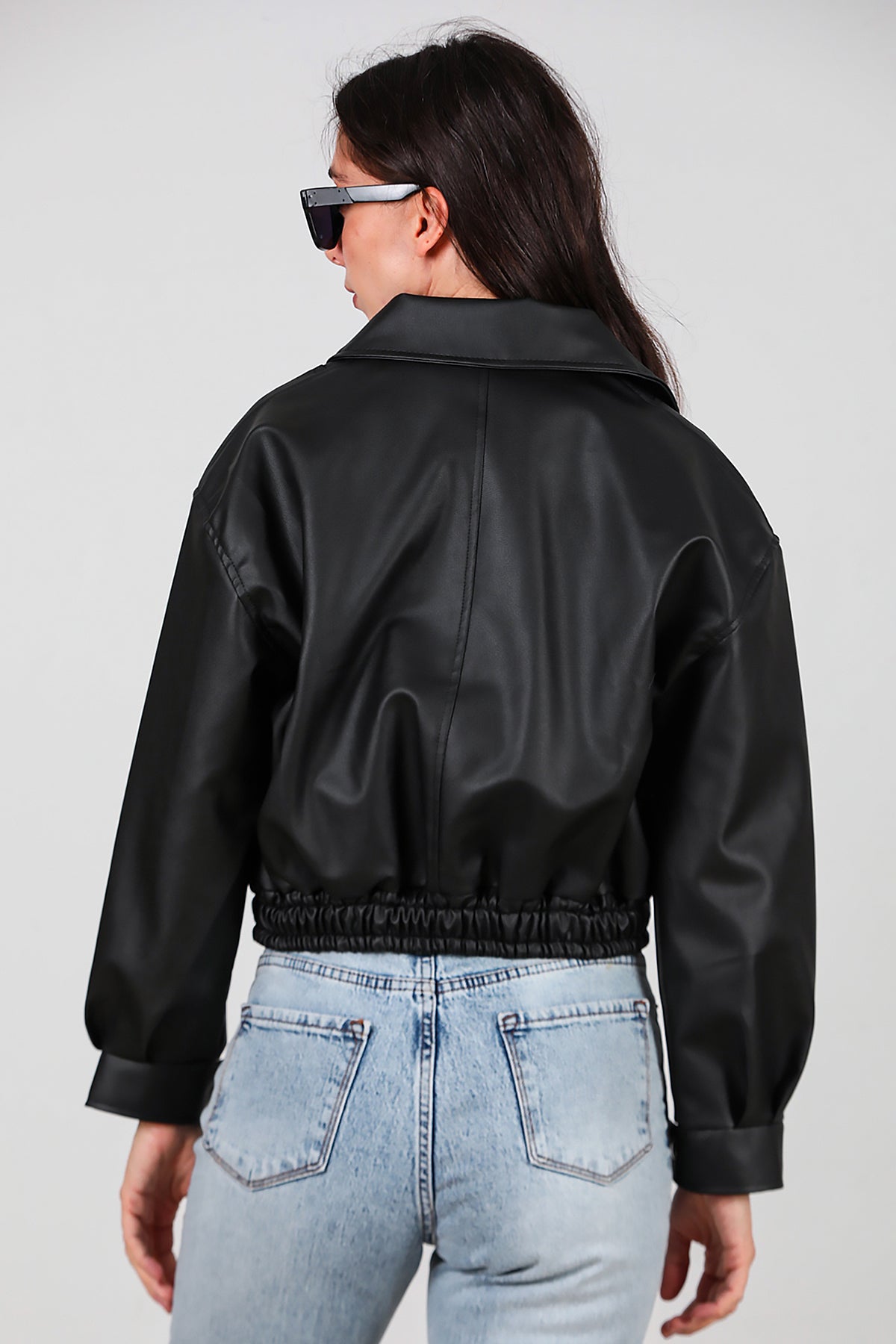 Kadın Bel Lastikli Deri Ceket Siyah