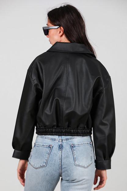 Kadın Bel Lastikli Deri Ceket Siyah