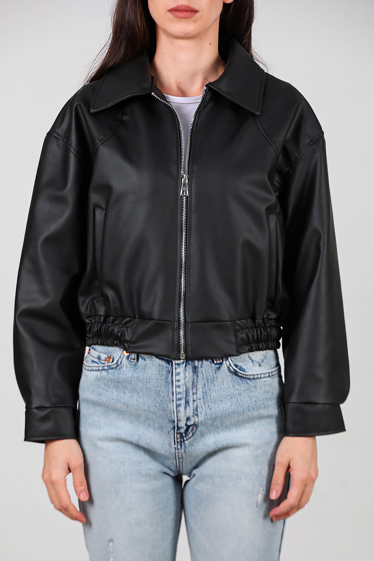 Kadın Bel Lastikli Deri Ceket Siyah