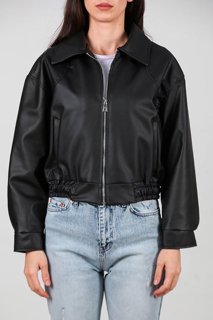 Kadın Bel Lastikli Deri Ceket Siyah