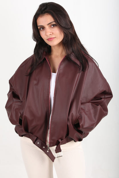Kadın Beli Kemerli Deri Ceket Bordo - Şık ve Zarif Deri Ceket
