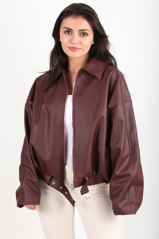 Kadın Beli Kemerli Deri Ceket Bordo - Şık ve Zarif Deri Ceket