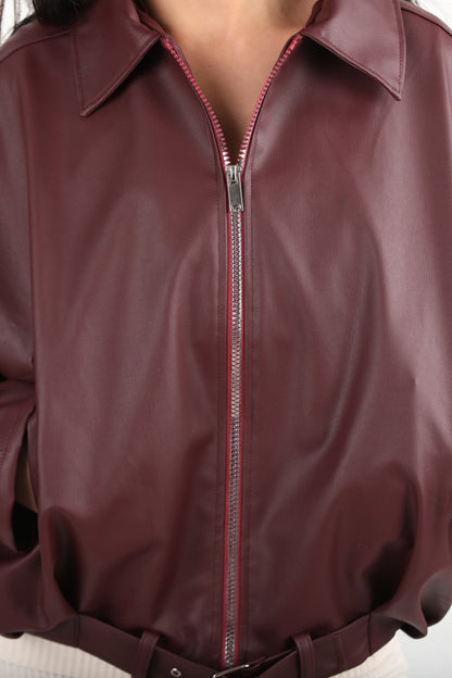 Kadın Beli Kemerli Deri Ceket Bordo - Şık ve Zarif Deri Ceket
