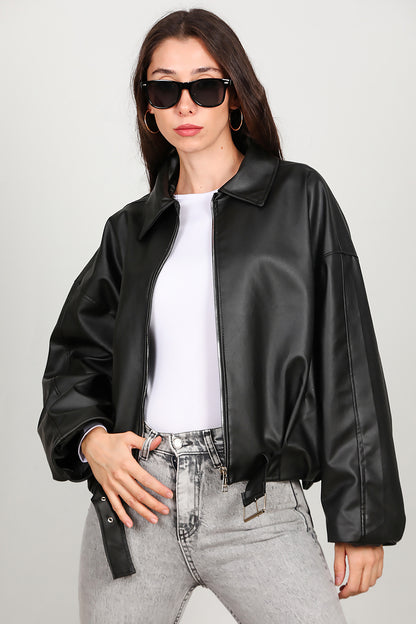 Kadın Beli Kemerli Deri Ceket Siyah