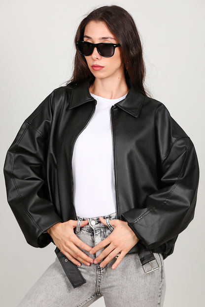 Kadın Beli Kemerli Deri Ceket Siyah