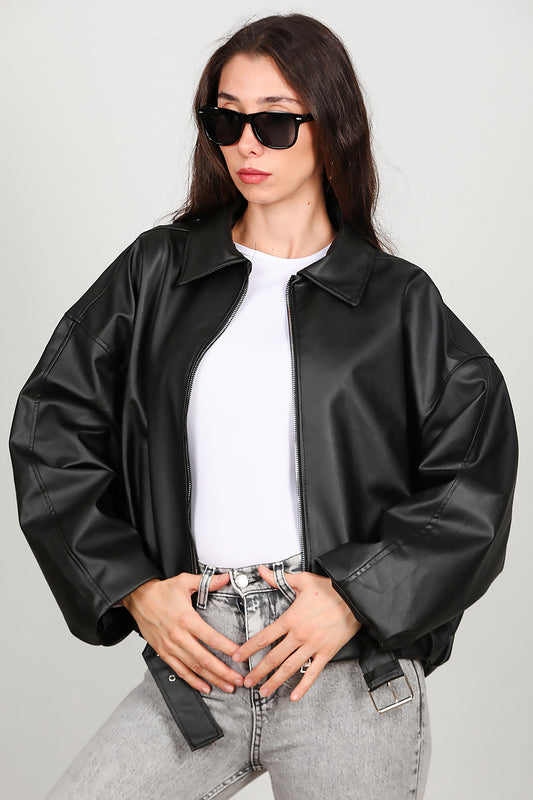 Kadın Beli Kemerli Deri Ceket Siyah