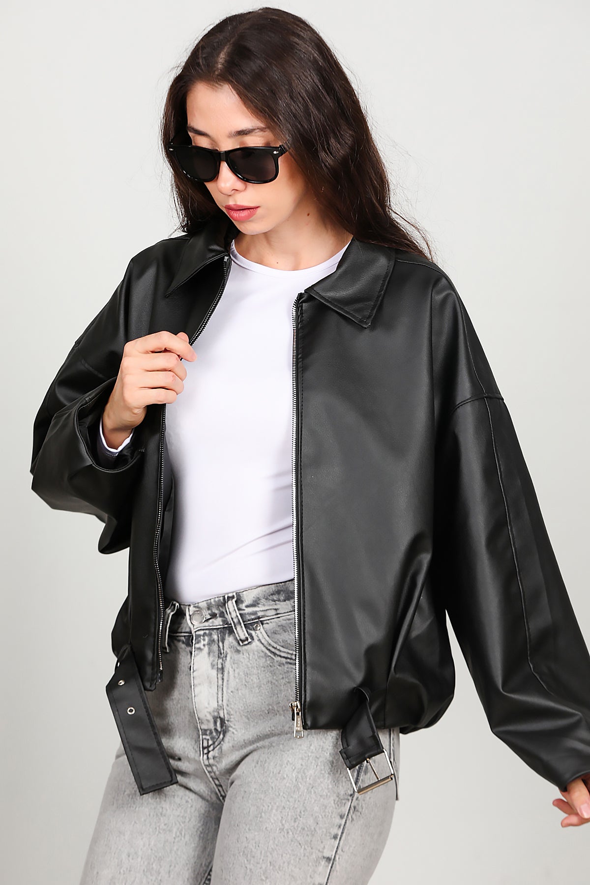 Kadın Beli Kemerli Deri Ceket Siyah