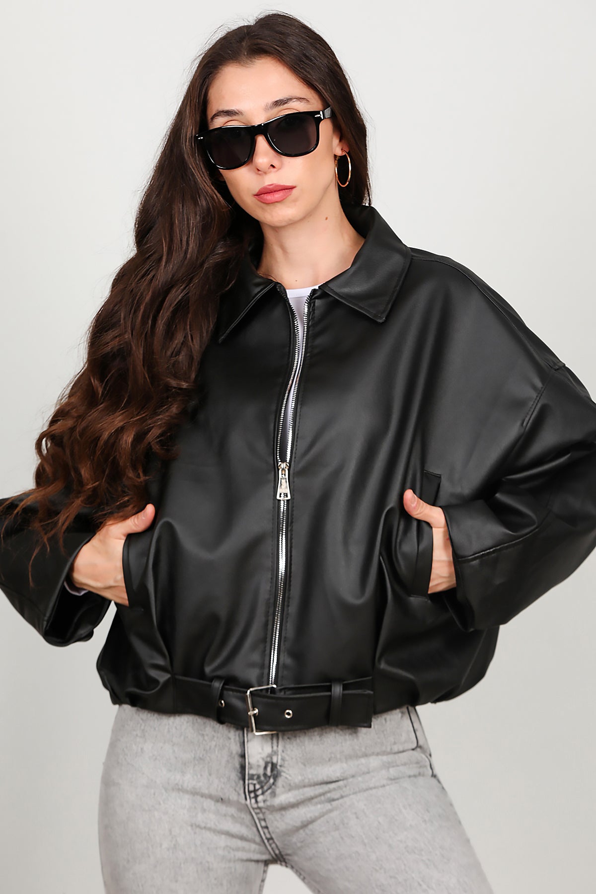 Kadın Beli Kemerli Deri Ceket Siyah