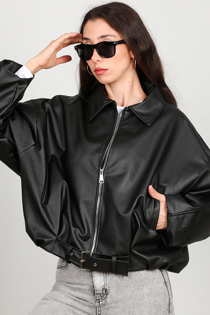 Kadın Beli Kemerli Deri Ceket Siyah