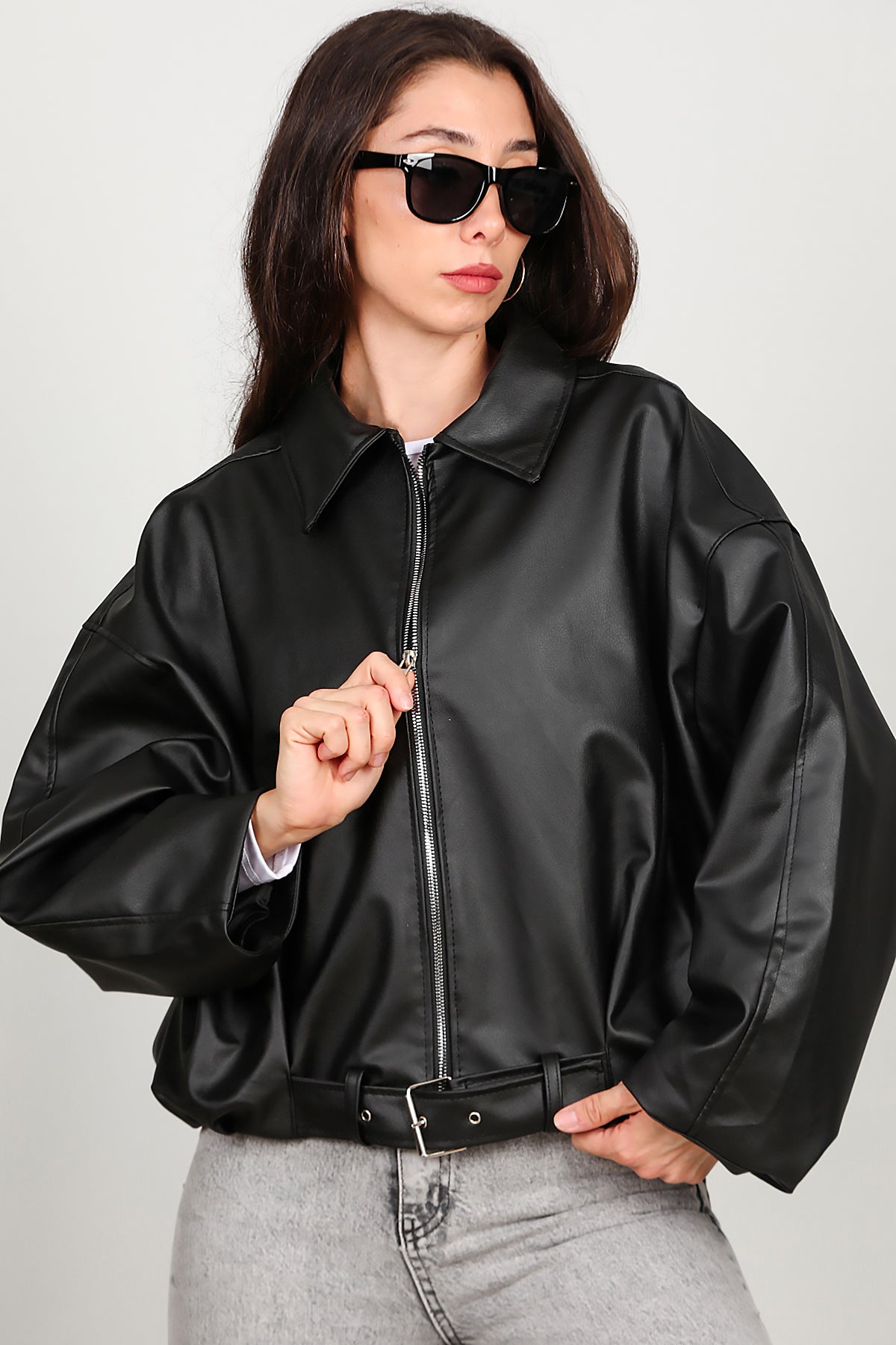 Kadın Beli Kemerli Deri Ceket Siyah