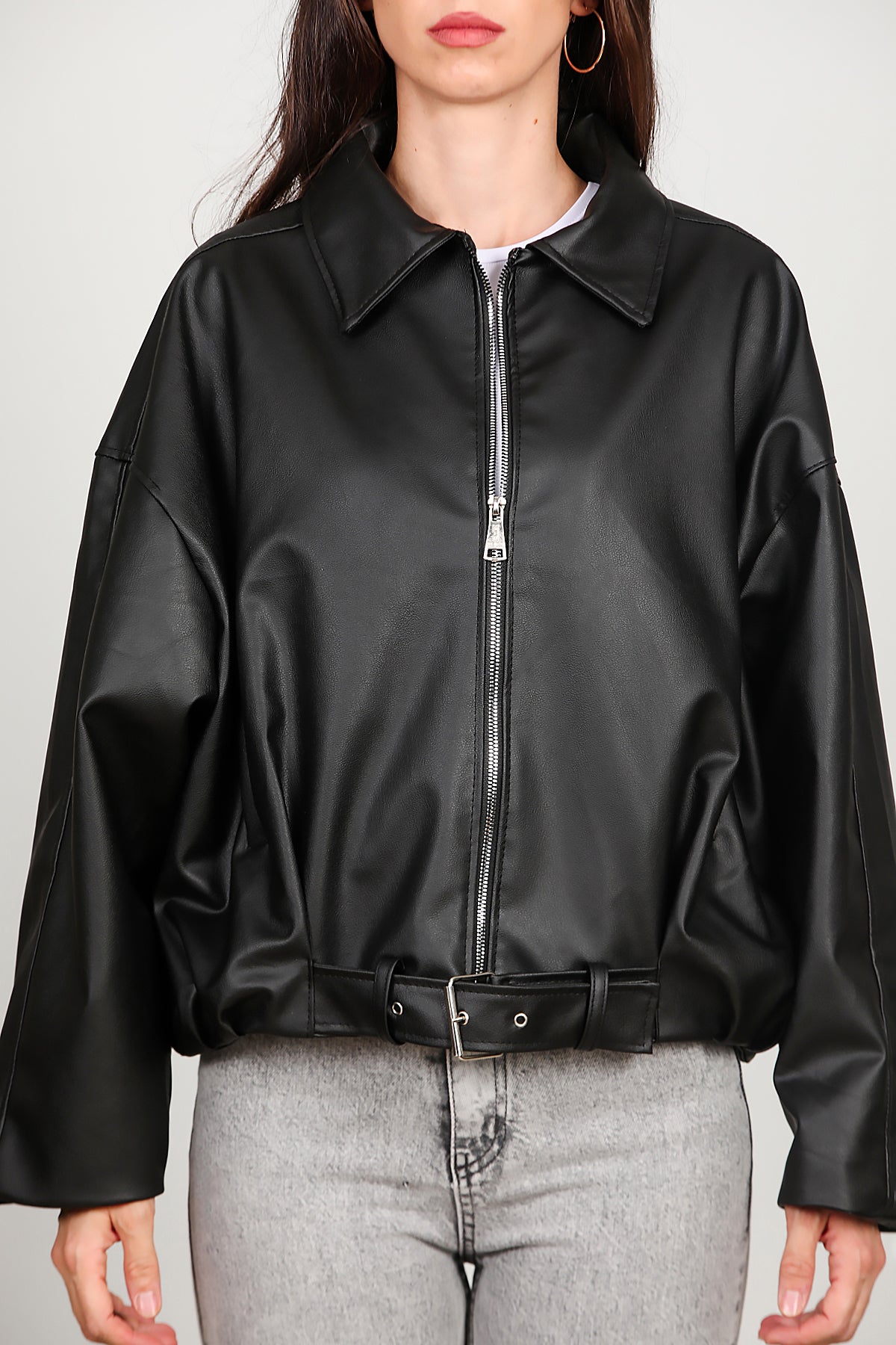 Kadın Beli Kemerli Deri Ceket Siyah