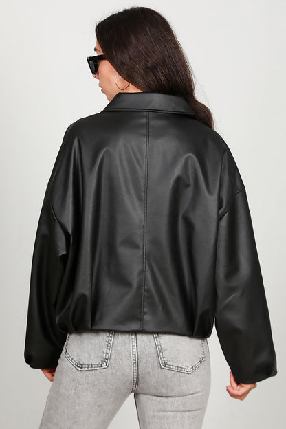 Kadın Beli Kemerli Deri Ceket Siyah