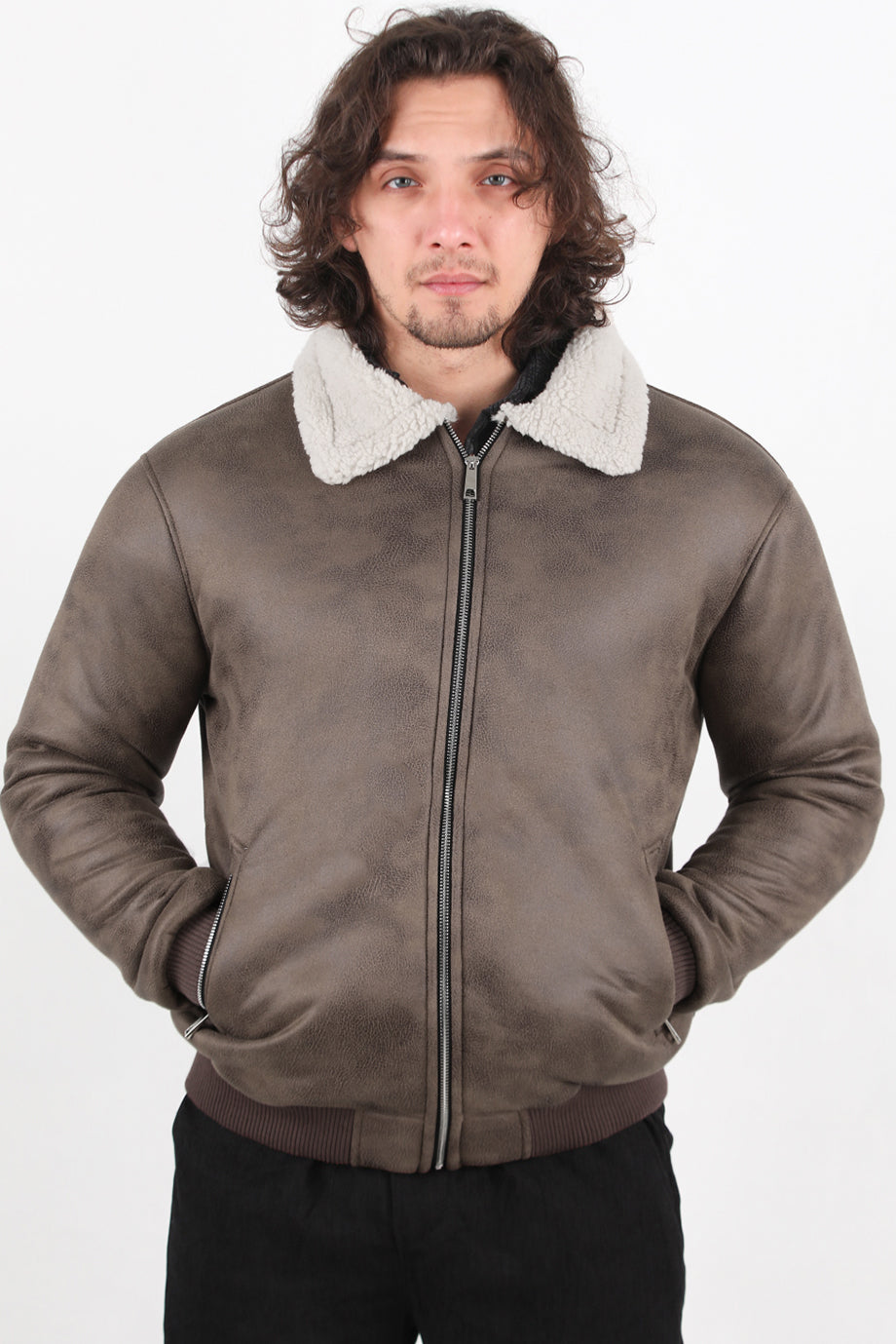 Aviator Erkek İçi Kuzu Kraşlı Deri Ceket Kahverengi