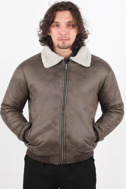 Aviator Erkek İçi Kuzu Kraşlı Deri Ceket Kahverengi