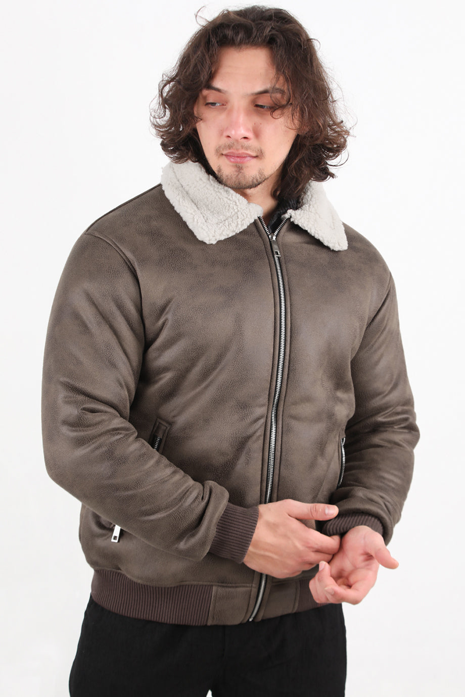 Aviator Erkek İçi Kuzu Kraşlı Deri Ceket Kahverengi