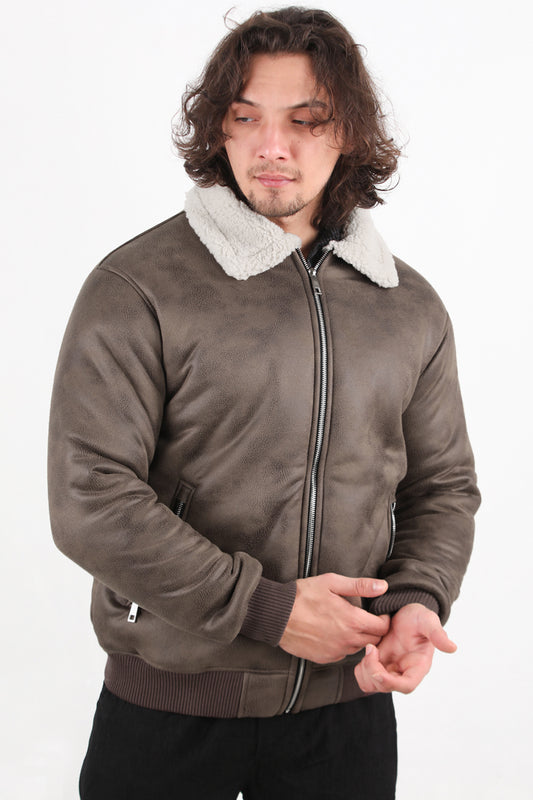 Aviator Erkek İçi Kuzu Kraşlı Deri Ceket Kahverengi