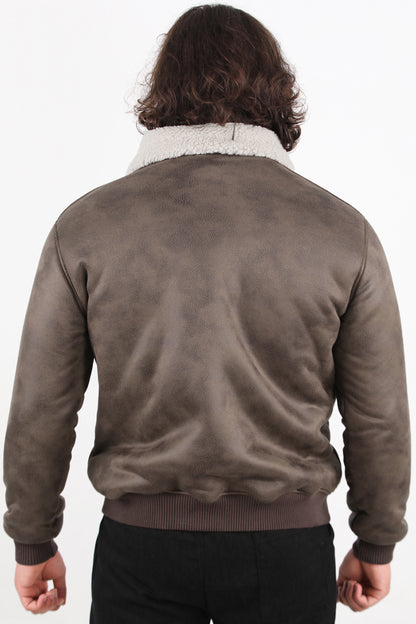 Aviator Erkek İçi Kuzu Kraşlı Deri Ceket Kahverengi