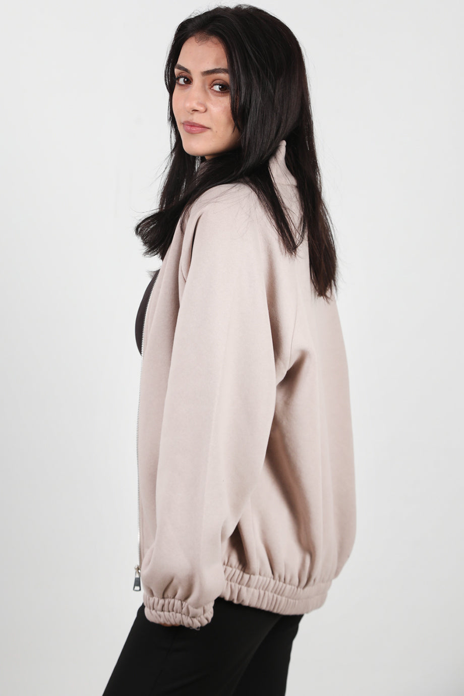 Flexjacket Kadın Ön Fermuarlı Dik Yaka Bel Lastikli Ceket Bej