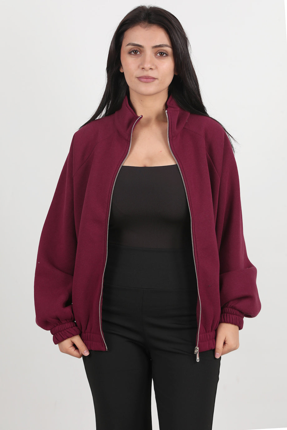 Flexjacket Kadın Ön Fermuarlı Dik Yaka Bel Lastikli Ceket Bordo