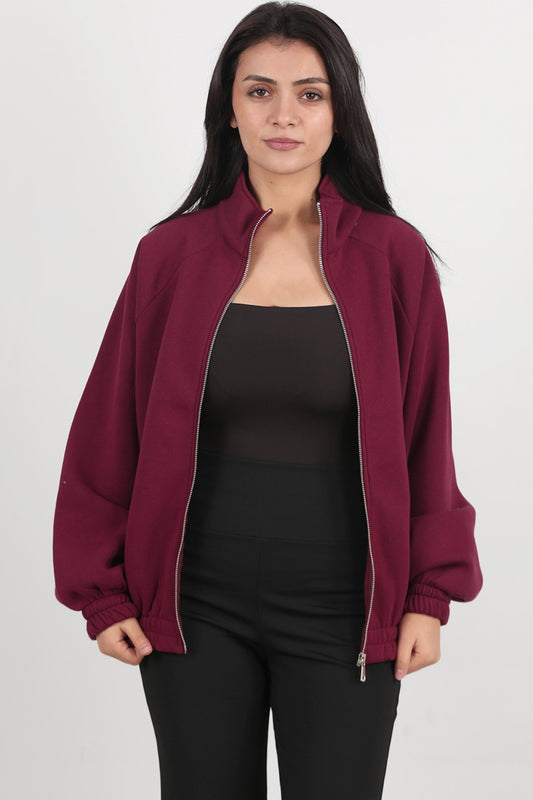 Flexjacket Kadın Ön Fermuarlı Dik Yaka Bel Lastikli Ceket Bordo