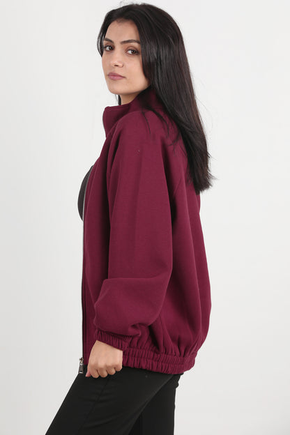 Flexjacket Kadın Ön Fermuarlı Dik Yaka Bel Lastikli Ceket Bordo