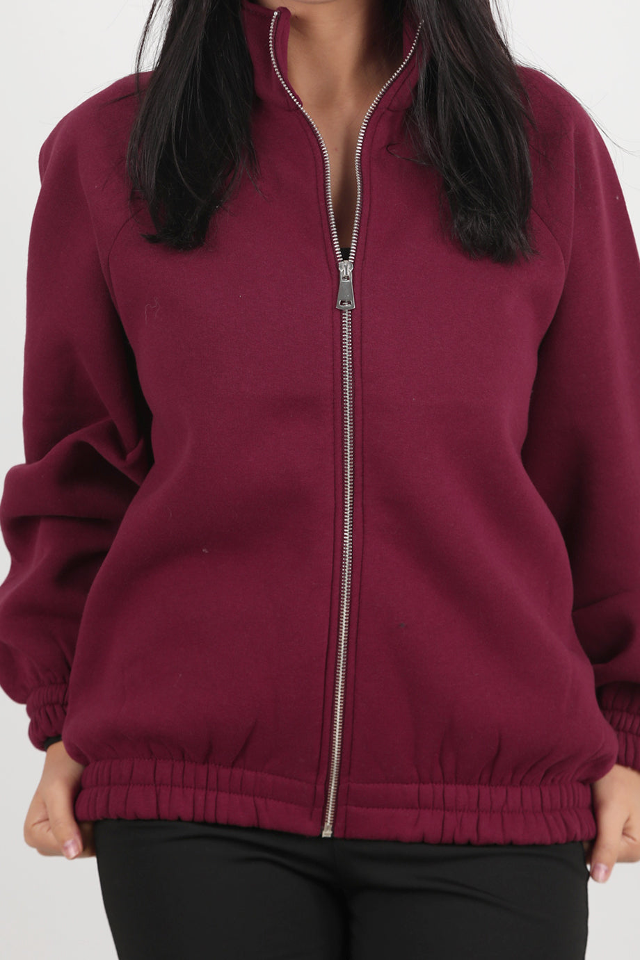 Flexjacket Kadın Ön Fermuarlı Dik Yaka Bel Lastikli Ceket Bordo