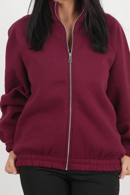 Flexjacket Kadın Ön Fermuarlı Dik Yaka Bel Lastikli Ceket Bordo